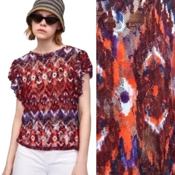 NWT ZARA Women’s Burgundy Orange Purple Blue Flutter Sleeve Blouse Top Small S - Picture 1 of 5